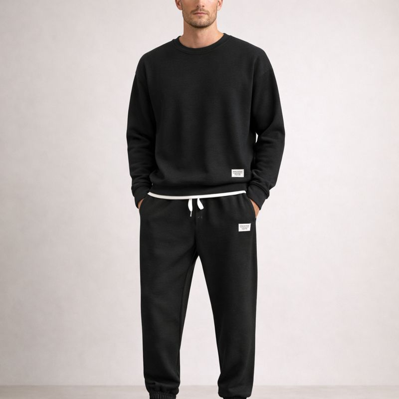 Men's black cotton pants side view — versatile — Eric Waffle 2 Piece Set — Oscar Blackwood