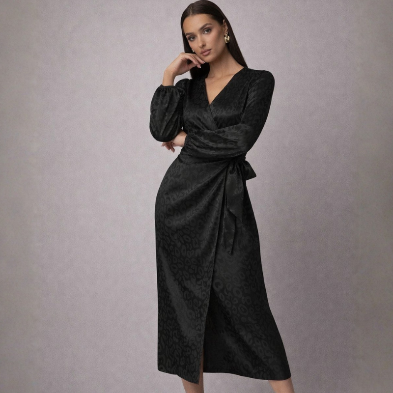 Women's leopard dress front view — chic — Nica Leopard Wrap Dress — Oscar Blackwood