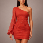 Women's orange chiffon dress close-up — chic — Jennifer One-Shoulder Dress — Oscar Blackwood