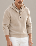 Unisex beige ribbed sweater detail view — cozy — Philip Hooded Turtleneck Sweater — Oscar Blackwood