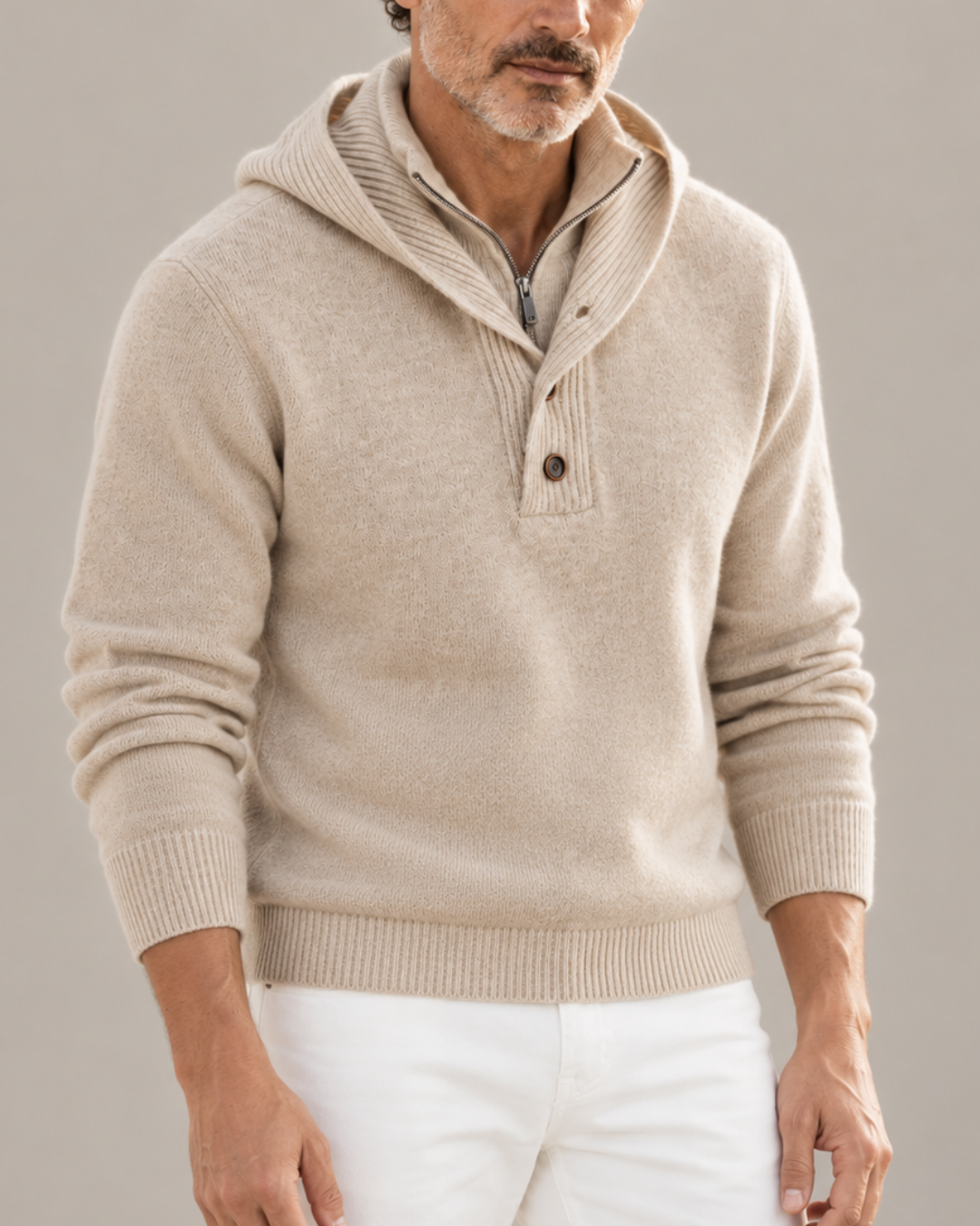 Unisex beige ribbed sweater detail view — cozy — Philip Hooded Turtleneck Sweater — Oscar Blackwood