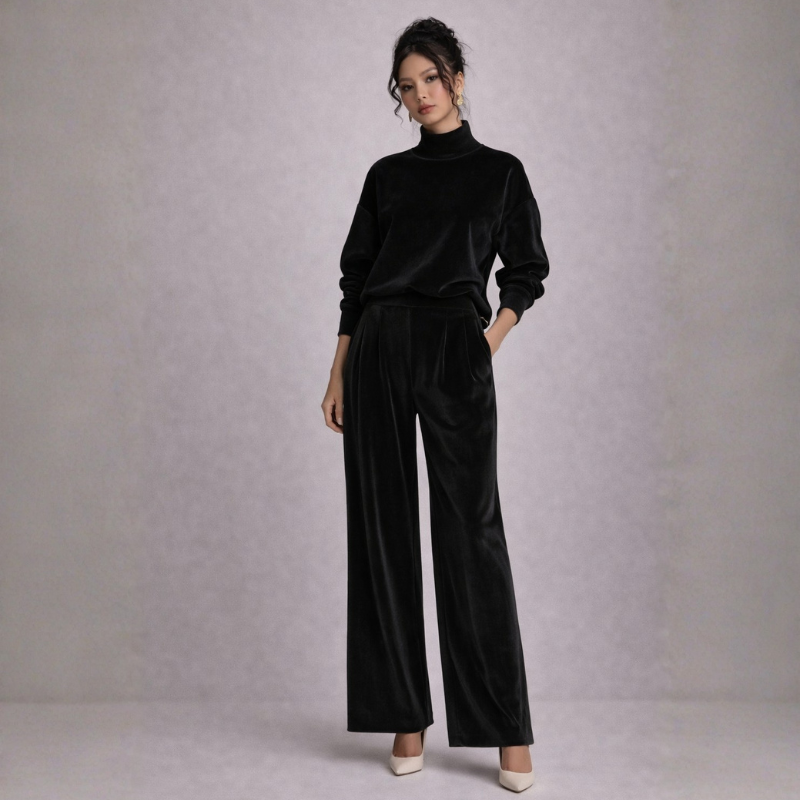 Women's black velvet pants close-up — versatile — Shona Velvet 2 Piece Set — Oscar Blackwood