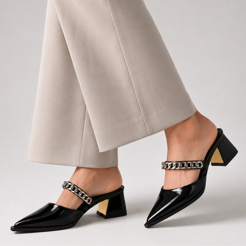Women's heels front view — elegant — Cassandra Pointed Toe Chain Mules — Oscar Blackwood
