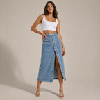 Women's denim skirt detail view — chic — Dea Bella Denim Skirt — Oscar Blackwood