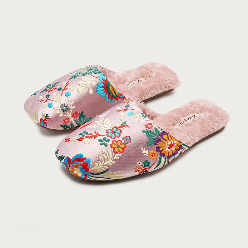 Women's pink floral shoes detail view — versatile — Liangshi Floral Slippers — Oscar Blackwood