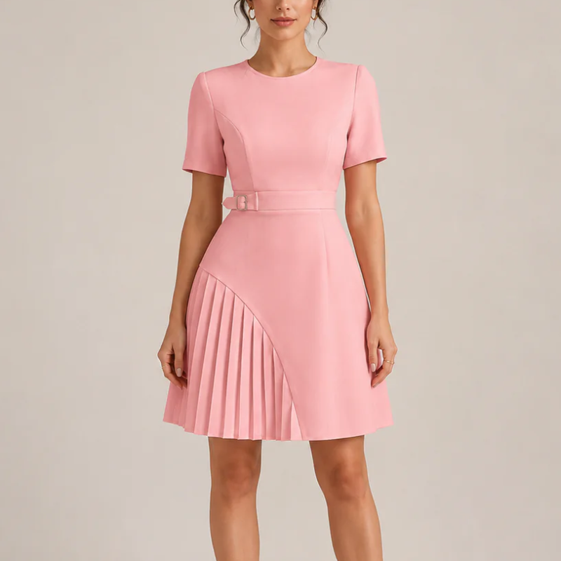 Women's pink dress color detail — chic — Merelin Pleated Dress — Oscar Blackwood