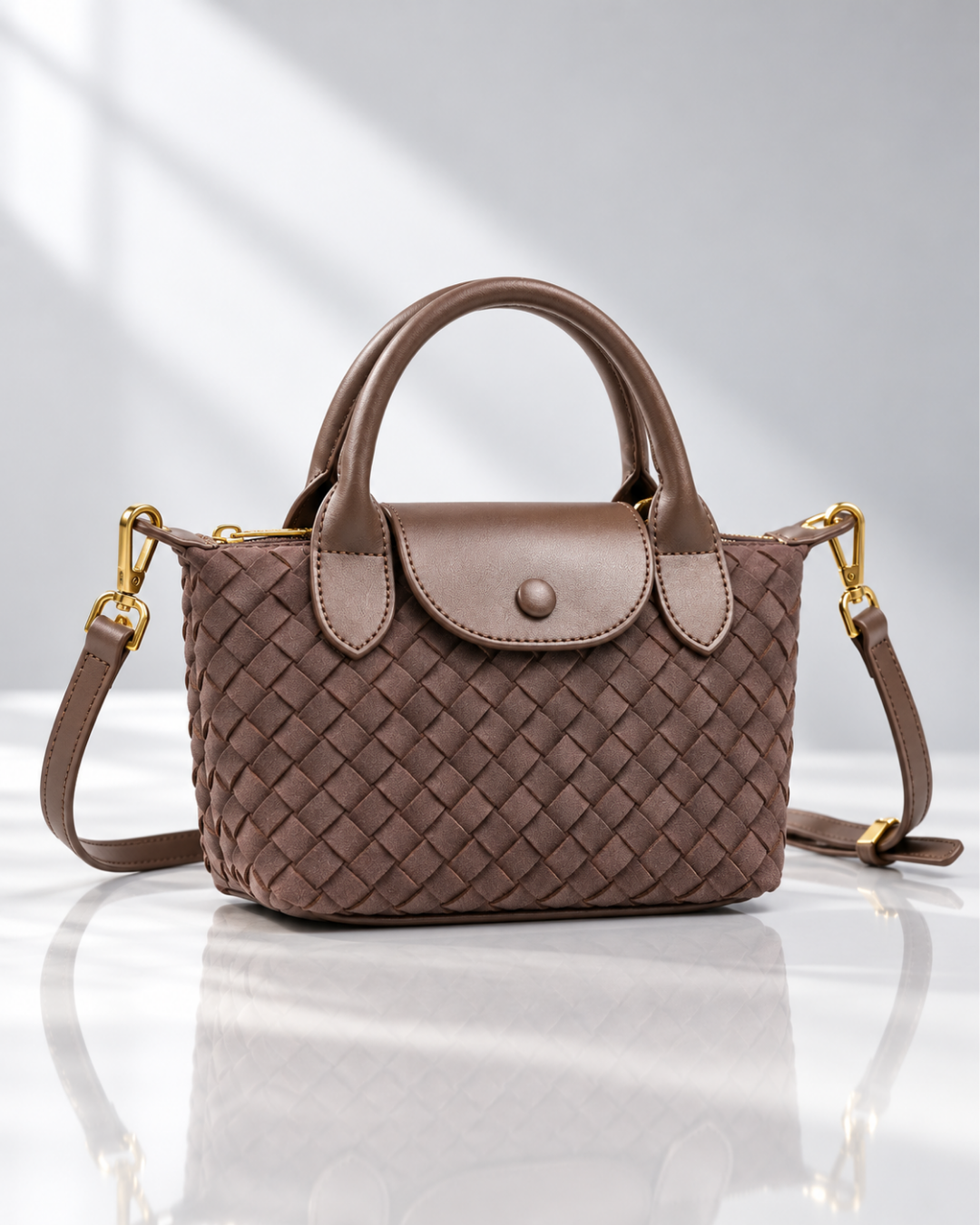Women's brown woven handbag styled look — everyday — Marguerite Woven Crossbody Handbag — Oscar Blackwood
