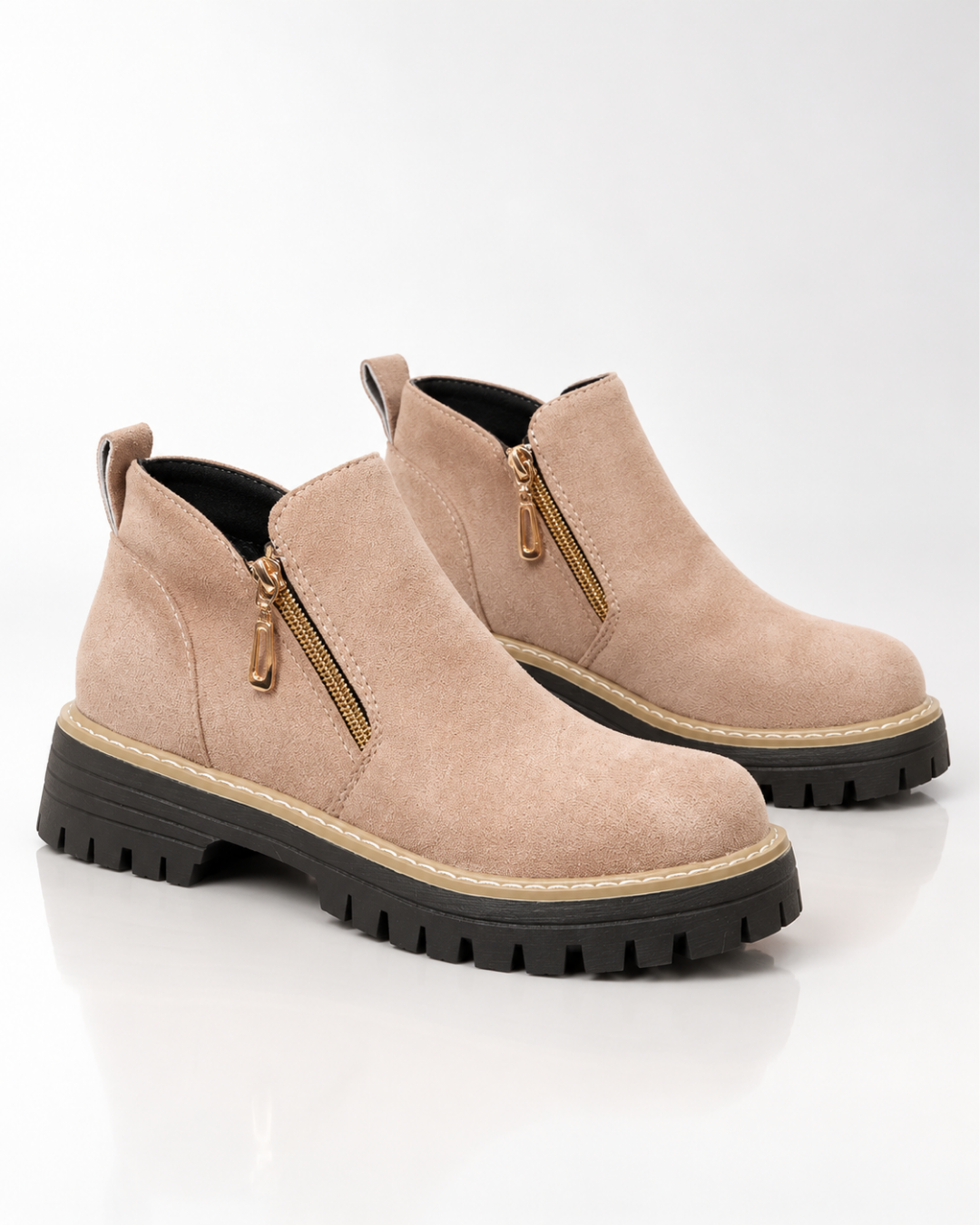 Women's beige suede boots detail view — rugged — Angelina Ankle Boots — Oscar Blackwood