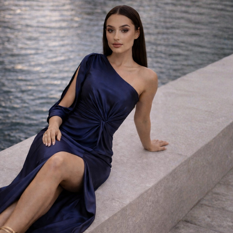 Women's satin dress side view — chic — Eleanor Slit Maxi Dress — Oscar Blackwood