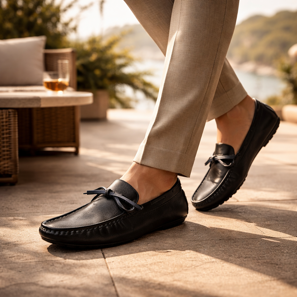 Men's leather shoes alternate angle — versatile — Gregory Leather Golf Moccasins — Oscar Blackwood