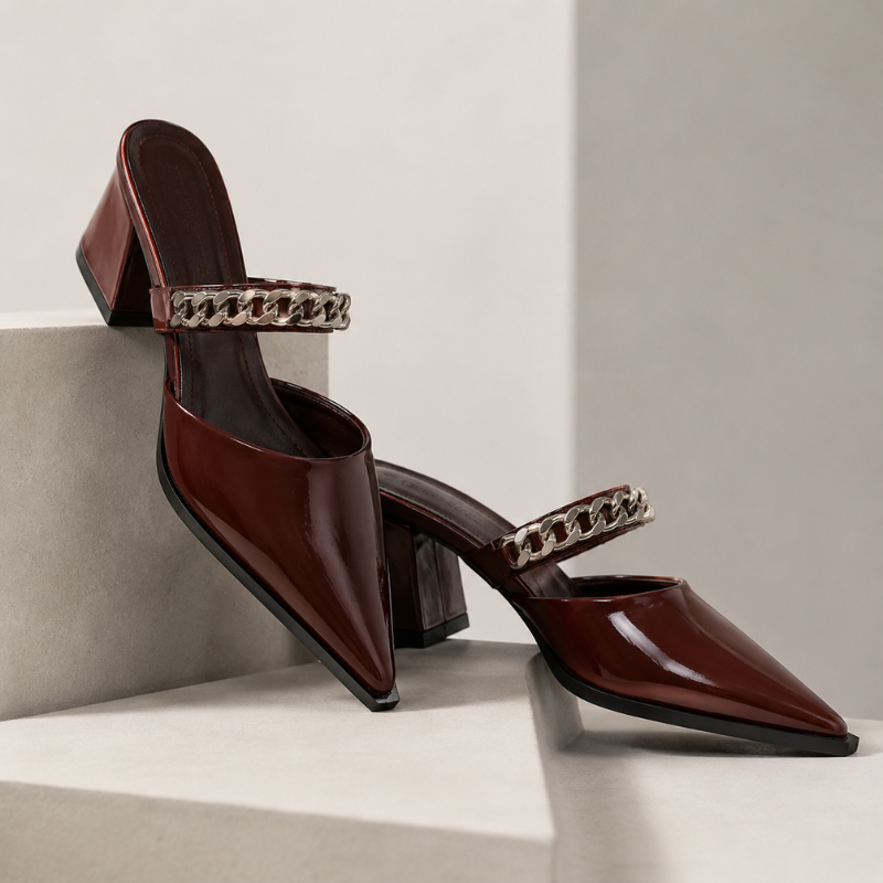 Women's heels alternate angle — elegant — Cassandra Pointed Toe Chain Mules — Oscar Blackwood