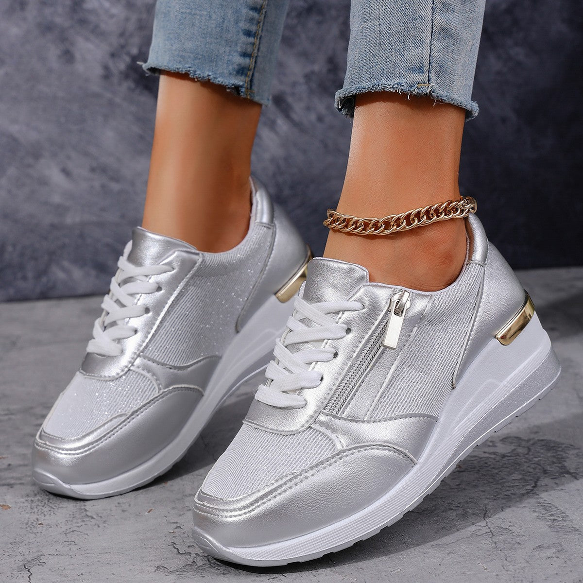 Women's silver lace sneakers close-up — casual — Bailey Wedge Heel Sneakers — Oscar Blackwood