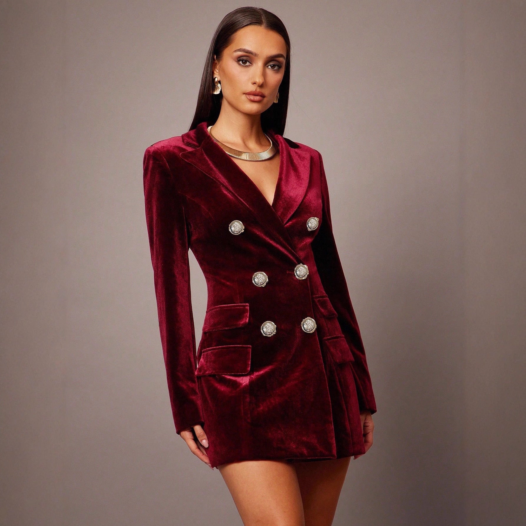 Women's burgundy velvet dress front view — chic — Aurora Velvet Blazer Minidress — Oscar Blackwood