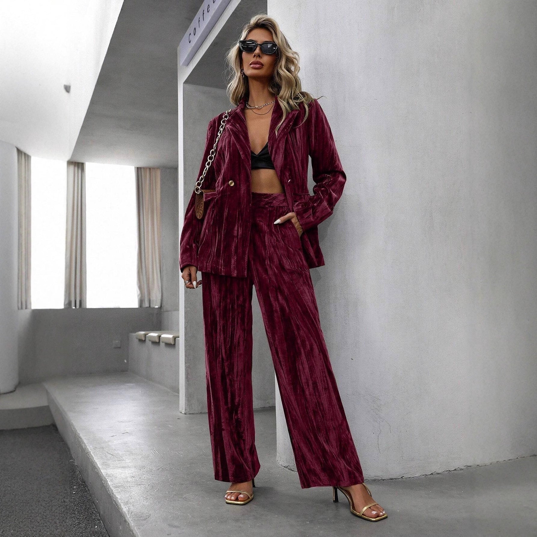 Women's velvet pants side view — versatile — Ruby Velvet 2 Piece Set — Oscar Blackwood