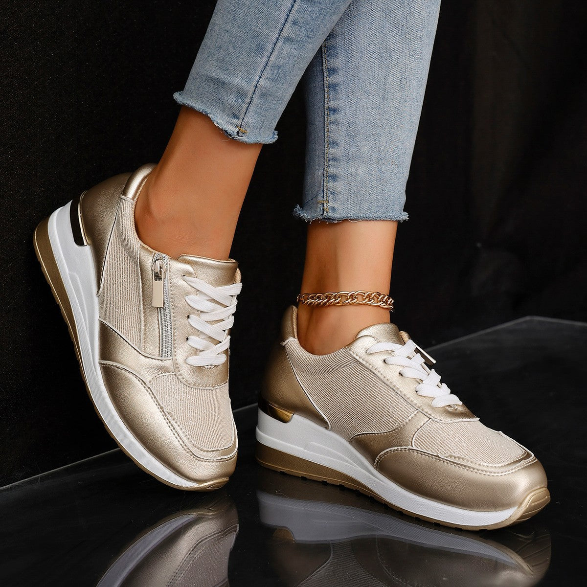 Women's silver lace sneakers color detail — casual — Bailey Wedge Heel Sneakers — Oscar Blackwood