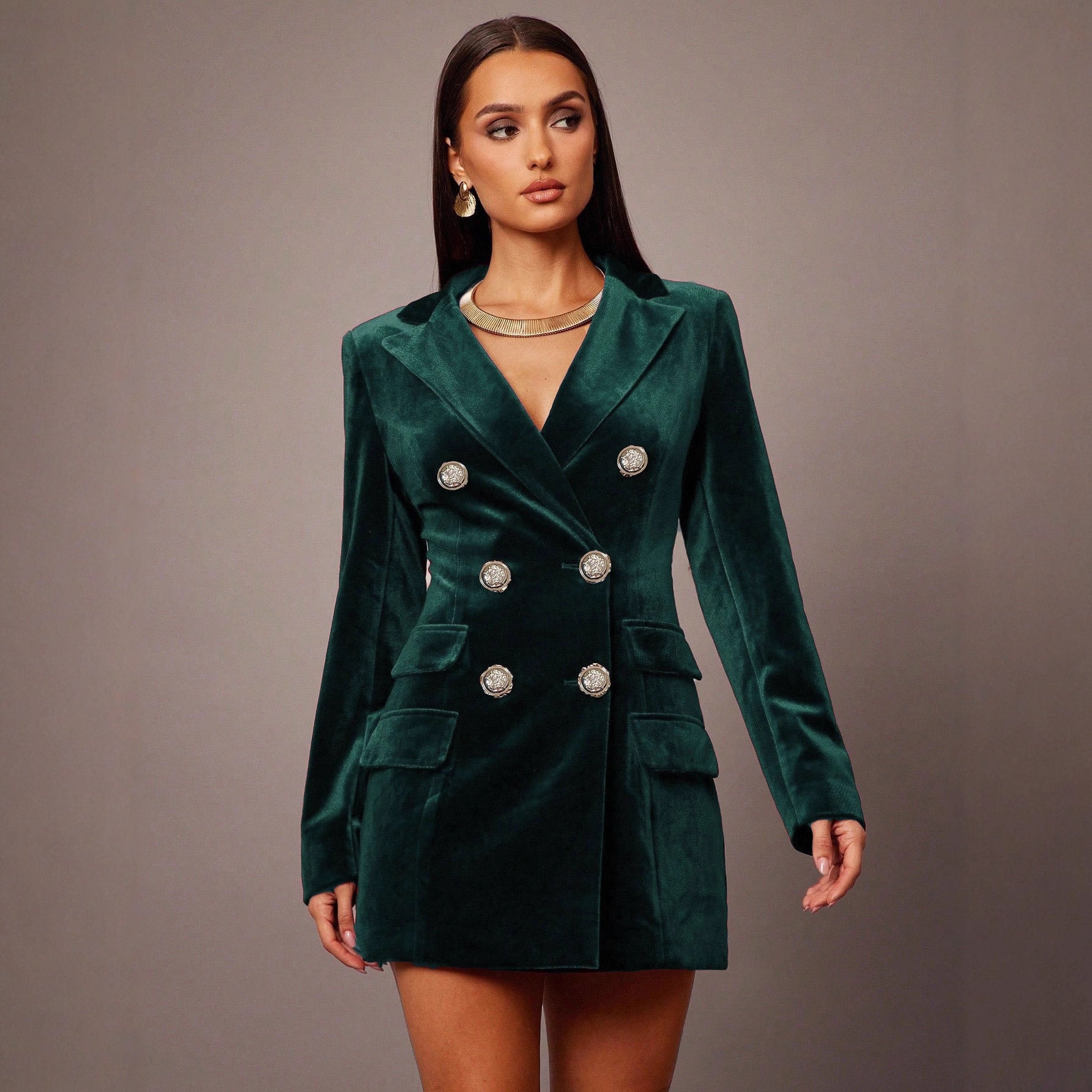Women's green velvet dress alternate angle — chic — Aurora Velvet Blazer Minidress — Oscar Blackwood