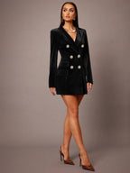 Women's burgundy velvet dress close-up — chic — Aurora Velvet Blazer Minidress — Oscar Blackwood