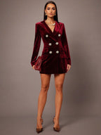 Women's burgundy velvet dress styled look — chic — Aurora Velvet Blazer Minidress — Oscar Blackwood
