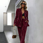 Women's velvet pants detail view — versatile — Ruby Velvet 2 Piece Set — Oscar Blackwood
