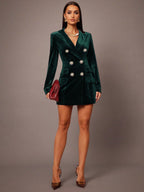 Women's burgundy velvet dress detail view — chic — Aurora Velvet Blazer Minidress — Oscar Blackwood