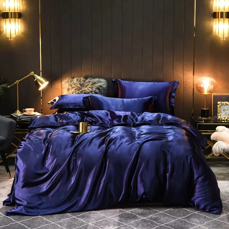 Unisex navy silk bedding color detail — versatile — Bloom Silk Bedding Set — Oscar Blackwood