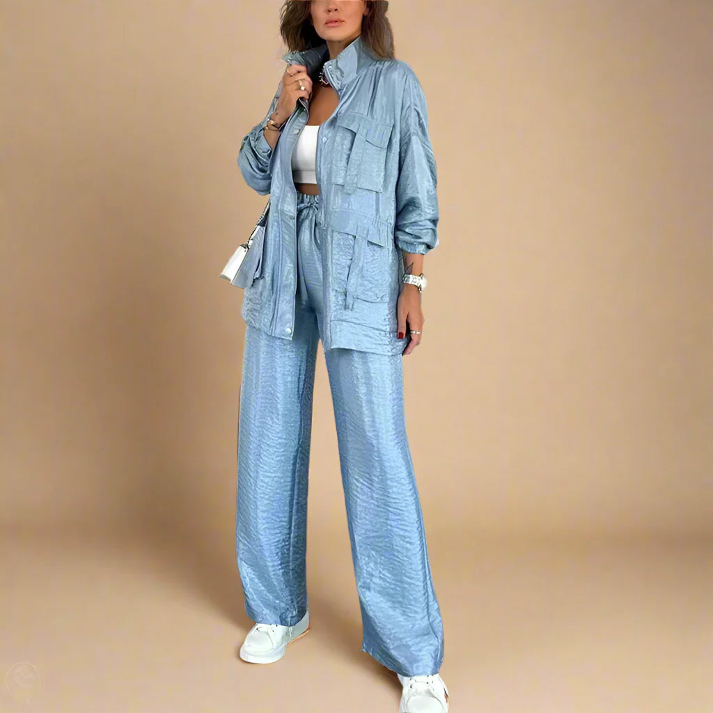 Women's sky-blue pants styled look — versatile — Lucie Loose Autumn Set — Oscar Blackwood