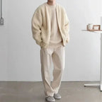 Men's red ribbed cardigan detail view — cozy — Oliver Knit Zip Cardigan — Oscar Blackwood