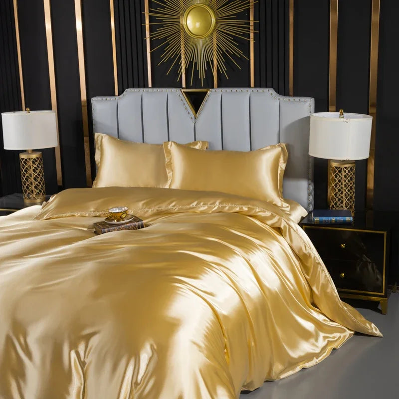 Unisex yellow silk lotus back view — versatile — Lotus Silk Bedding Set — Oscar Blackwood