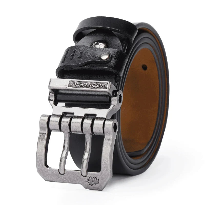 Men's doble-silver black leather belt back view — versatile — Double Bison Belt — Oscar Blackwood