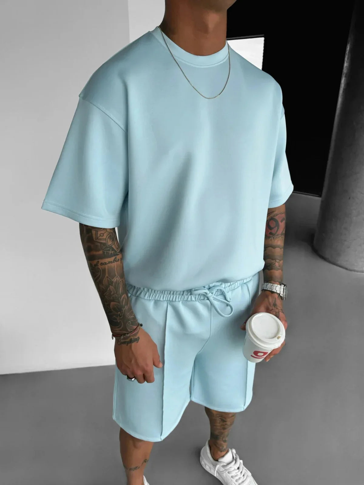 Men's sky-blue polyester sets color detail — versatile — Abakhan Summer 2 Piece Set — Oscar Blackwood