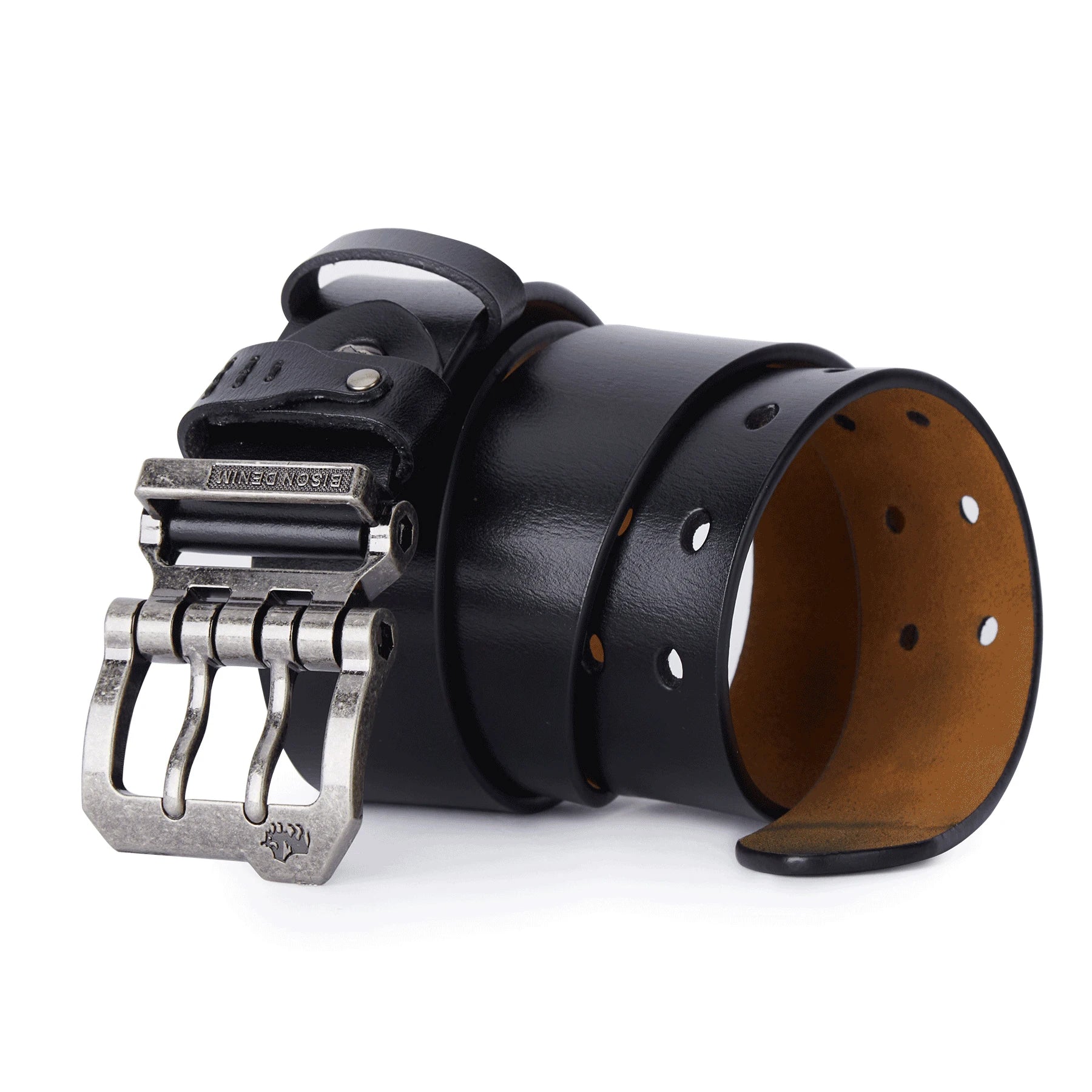 Men's brown leather belt alternate angle — versatile — Double Bison Belt — Oscar Blackwood