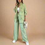 Women's green pants front view — versatile — Lucie Loose Autumn Set — Oscar Blackwood