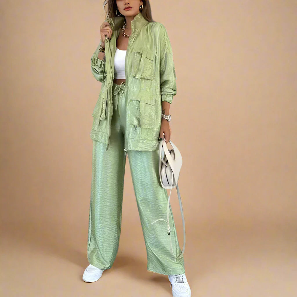 Women's green pants front view — versatile — Lucie Loose Autumn Set — Oscar Blackwood