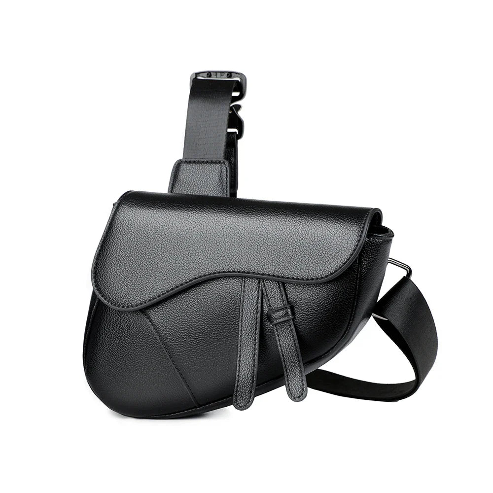 Women's black leather handbag detail view — everyday — Albert Saddle Crossbody Bag — Oscar Blackwood
