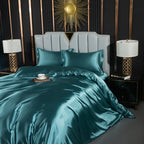 Unisex teal silk lotus back view — versatile — Lotus Silk Bedding Set — Oscar Blackwood