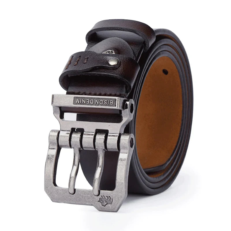Men's doble-silver brown leather belt side view — versatile — Double Bison Belt — Oscar Blackwood