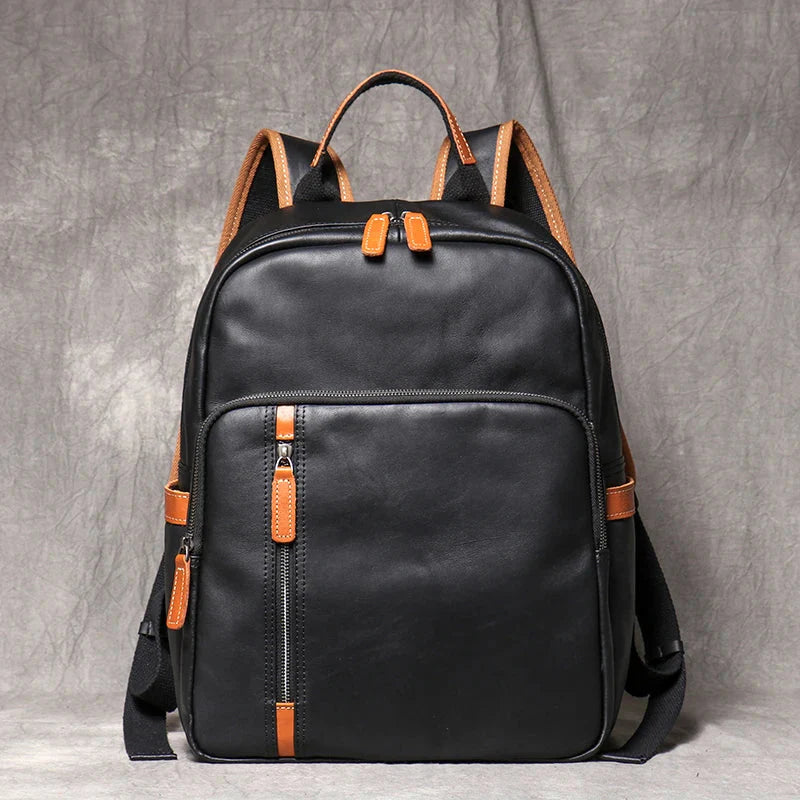 Unisex black leather backpack color detail — versatile — Azzurro Genuine Leather Backpack — Oscar Blackwood
