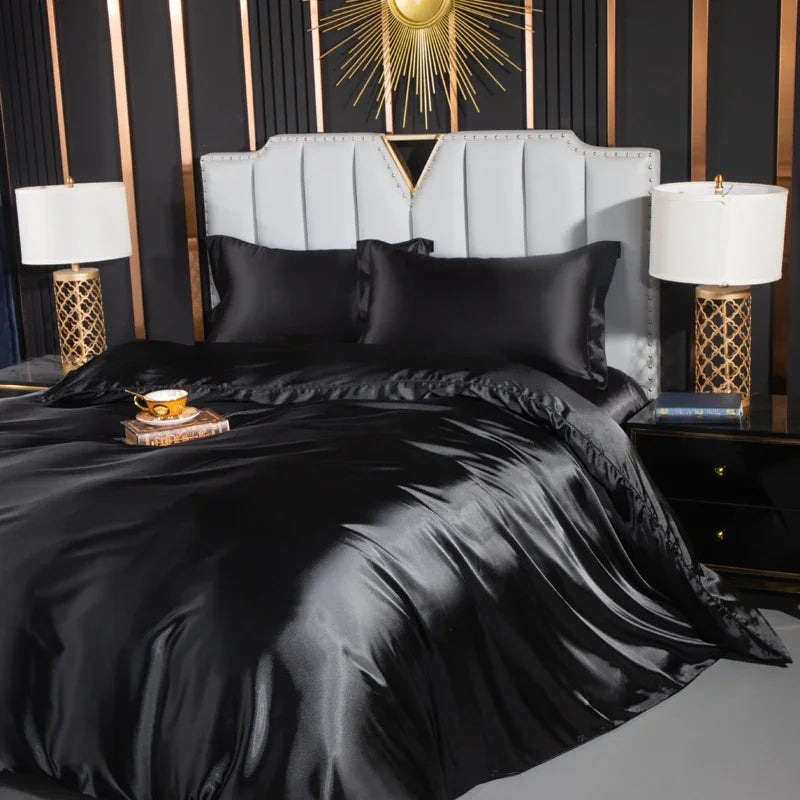 Unisex black silk lotus side view — versatile — Lotus Silk Bedding Set — Oscar Blackwood
