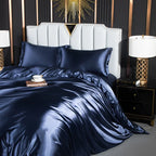 Unisex navy silk lotus close-up — versatile — Lotus Silk Bedding Set — Oscar Blackwood