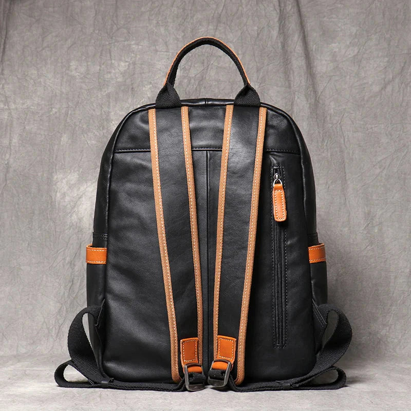 Unisex black leather backpack back view — versatile — Azzurro Genuine Leather Backpack — Oscar Blackwood
