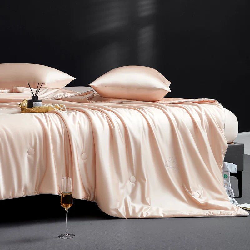 Men's peach silk romanart detail view — versatile — Romanart Mulberry Silk Comforter — Oscar Blackwood