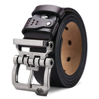 Men's silver brown leather belt detail view — versatile — Double Bison Belt — Oscar Blackwood