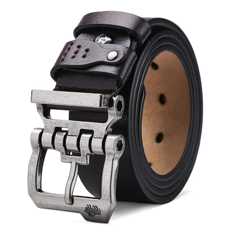 Men's silver brown leather belt detail view — versatile — Double Bison Belt — Oscar Blackwood