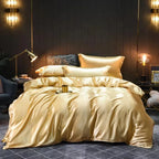Unisex yellow silk bedding back view — versatile — Bloom Silk Bedding Set — Oscar Blackwood