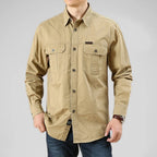 Men's khaki cotton vanderbilt side view — versatile — Vanderbilt Outdoor Shirt — Oscar Blackwood