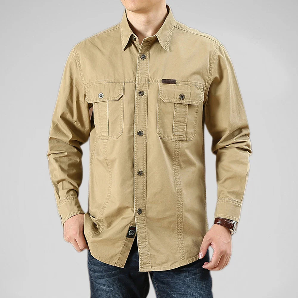 Men's khaki cotton vanderbilt side view — versatile — Vanderbilt Outdoor Shirt — Oscar Blackwood