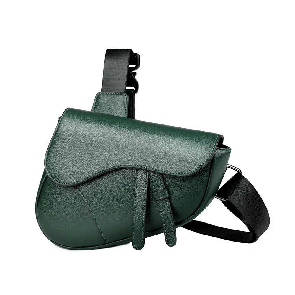 Women's green leather handbag close-up — everyday — Albert Saddle Crossbody Bag — Oscar Blackwood