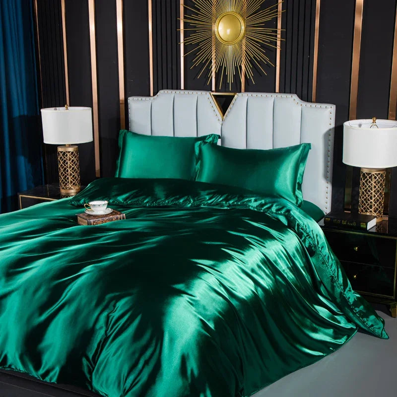 Unisex green silk lotus side view — versatile — Lotus Silk Bedding Set — Oscar Blackwood