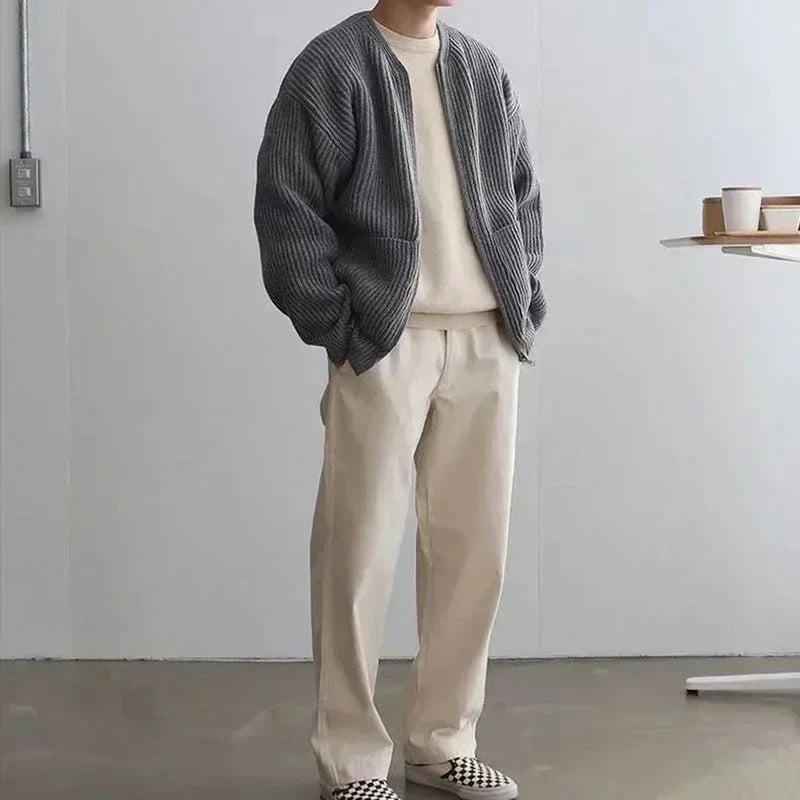 Men's red ribbed cardigan styled look — cozy — Oliver Knit Zip Cardigan — Oscar Blackwood