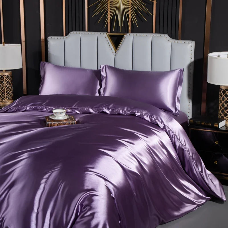 Unisex purple silk lotus side view — versatile — Lotus Silk Bedding Set — Oscar Blackwood